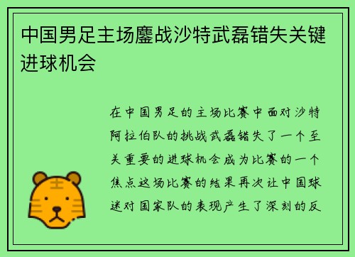 中国男足主场鏖战沙特武磊错失关键进球机会