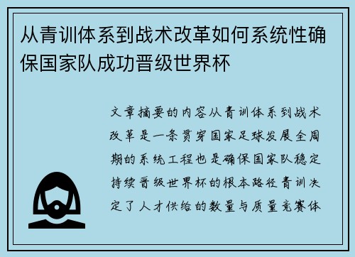 从青训体系到战术改革如何系统性确保国家队成功晋级世界杯 从青训体系到战术改革如何系统性确保国家队成功晋级世界杯